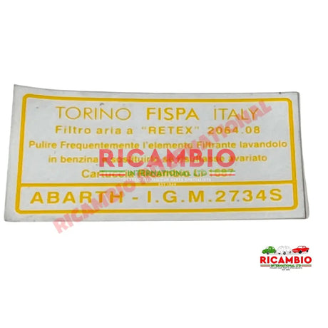 Abarth Air Filter IGM 2734 Sticker - Classic Fiat 500 - Badge - Grill & Emblem