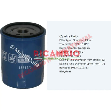 Oil Filter - Fiat 124,125,131,X19 Strada Lancia Beta A112 - Service Items