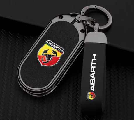 Abarth Black Zinc Alloy & Leather Key Fob Case & Keyring - Abarth 595,695