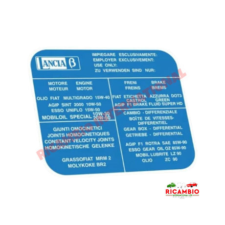 Engine Fluid Sticker - Lancia Beta
