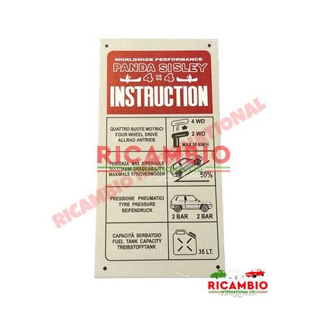Instruction Plate - Classic Fiat Panda 4x4 SISLEY - Badges & Emblems