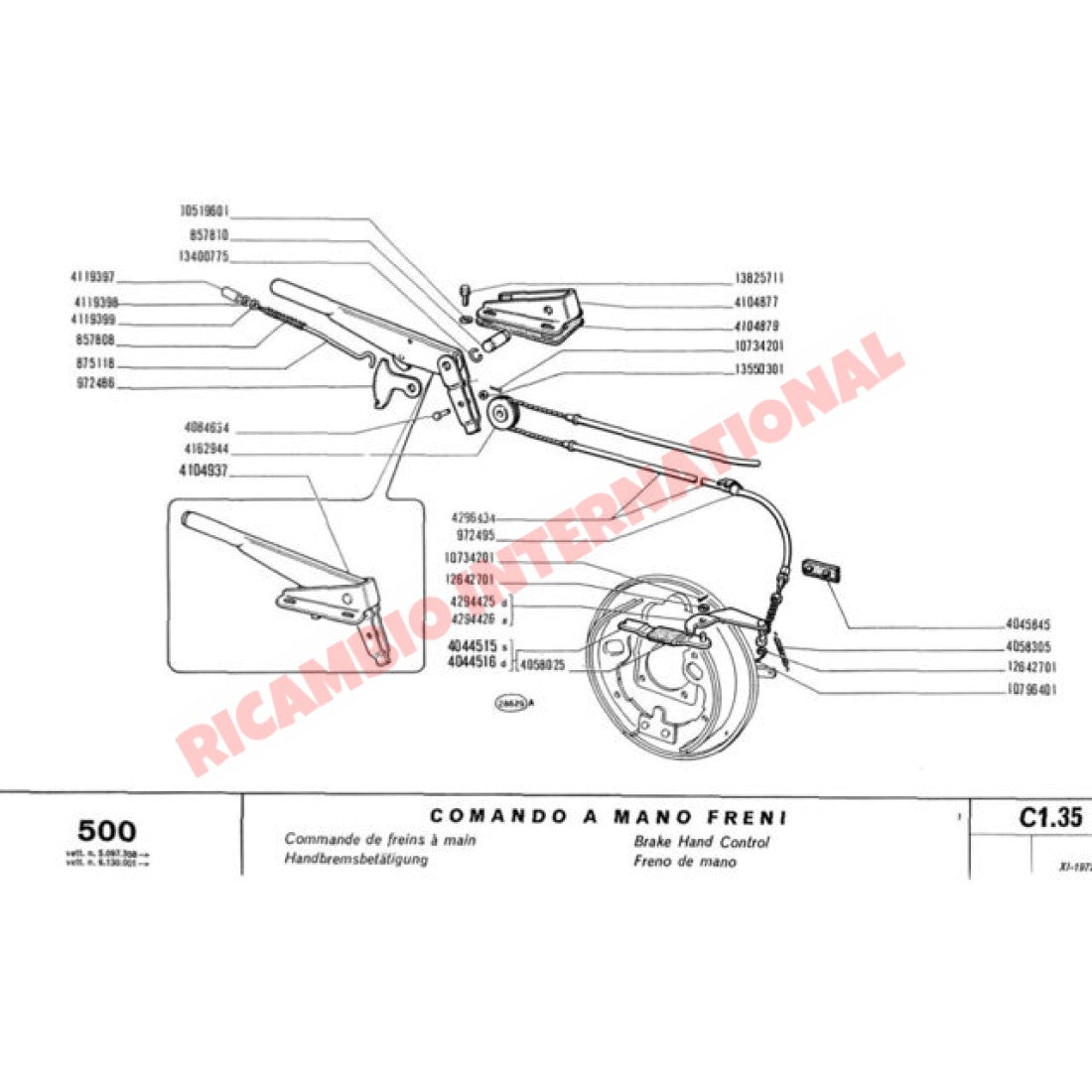N/S Left Rear Handbrake Lever - Classic Fiat 500 126 - Brakes