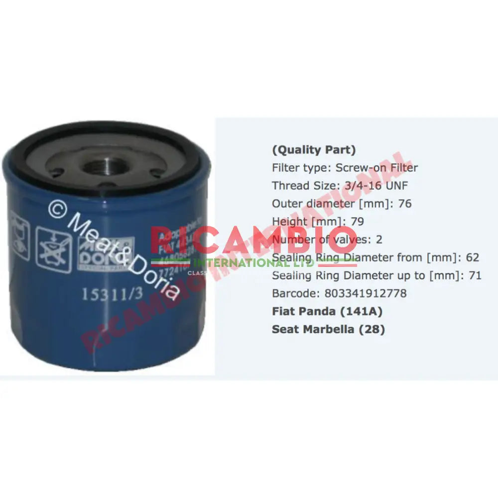 Oil Filter - Fiat Classic Panda,Cinquecento,Seicento,Uno,127,Strada Autobianchi A112 Lancia Delta Integrale - Service